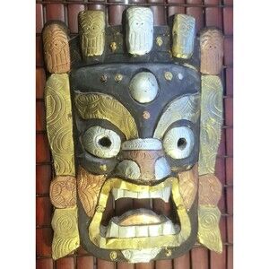Ceremonial Mask Mahakala Tibet Nepal Carved Wood w/ Brass Copper & Tin Details